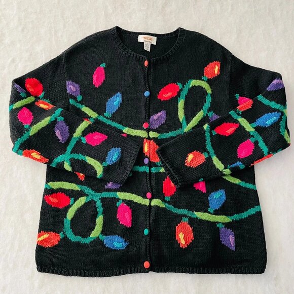 Talbots Y2K Hand Knit Women Black Christmas Holiday Light Cardigan Sweater L - Picture 2 of 11